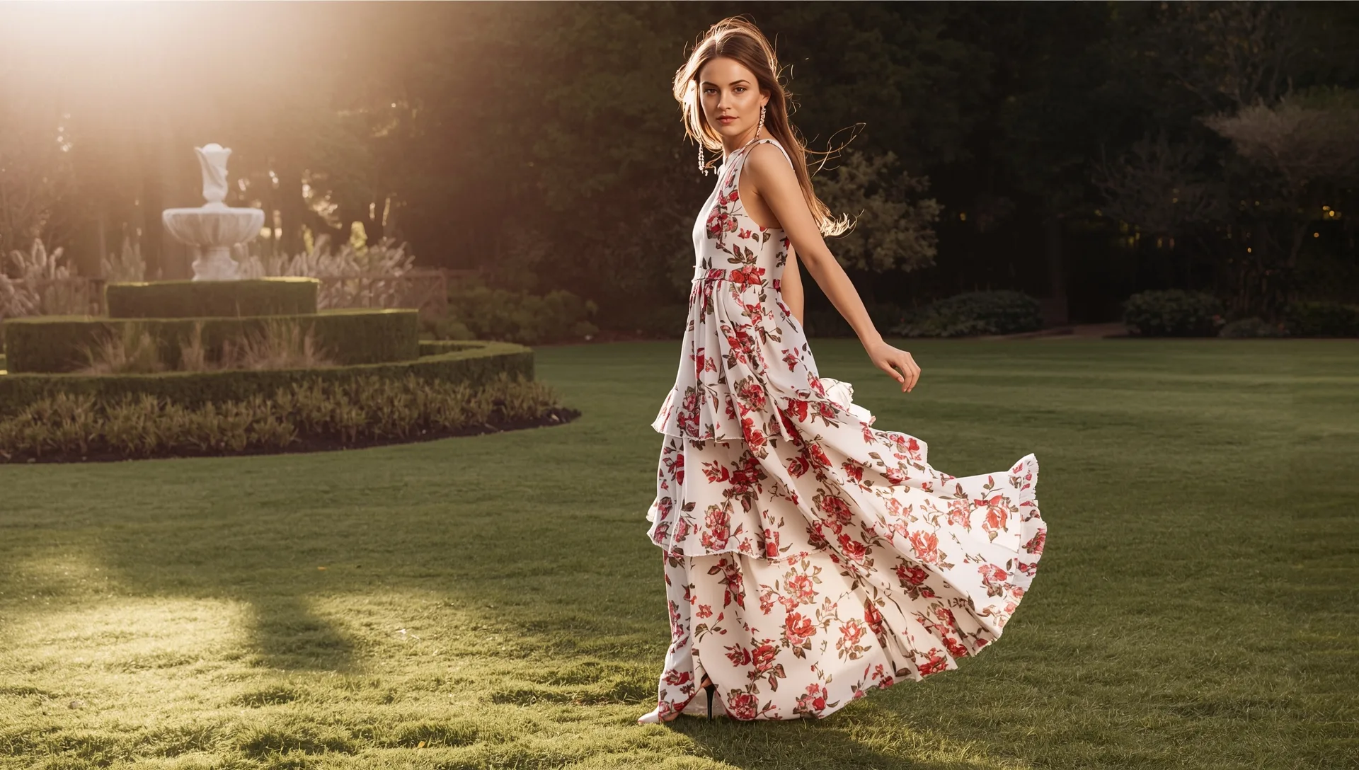 Woman in a floral tiered maxi dress at an outdoor garden wedding
