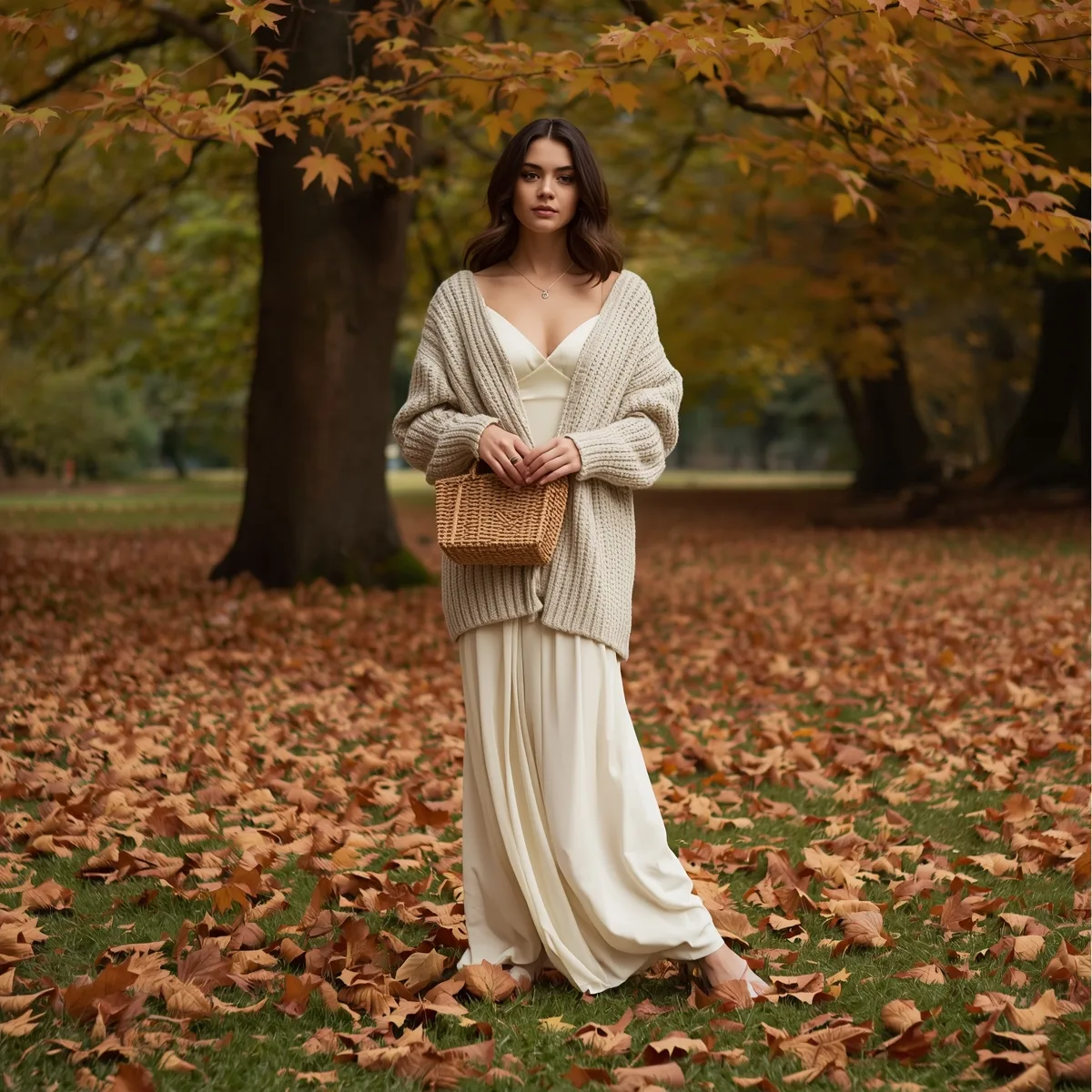 Slip maxi under chunky knit in autumn park