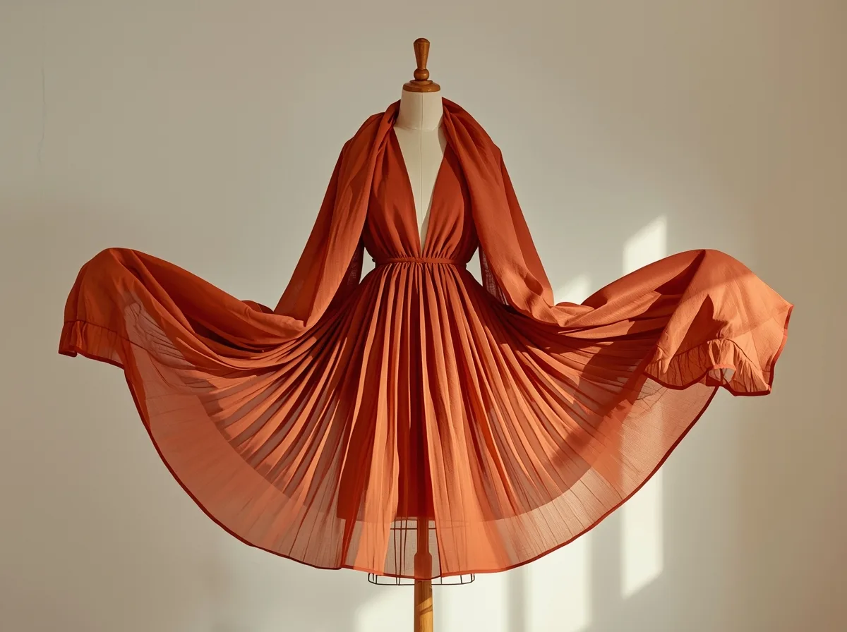 Terracotta viscose fabric draped on a wooden dress form