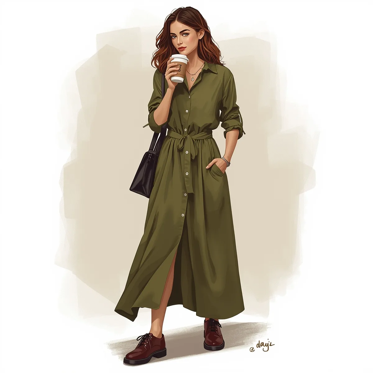 Shirt-dress maxi crossing city street