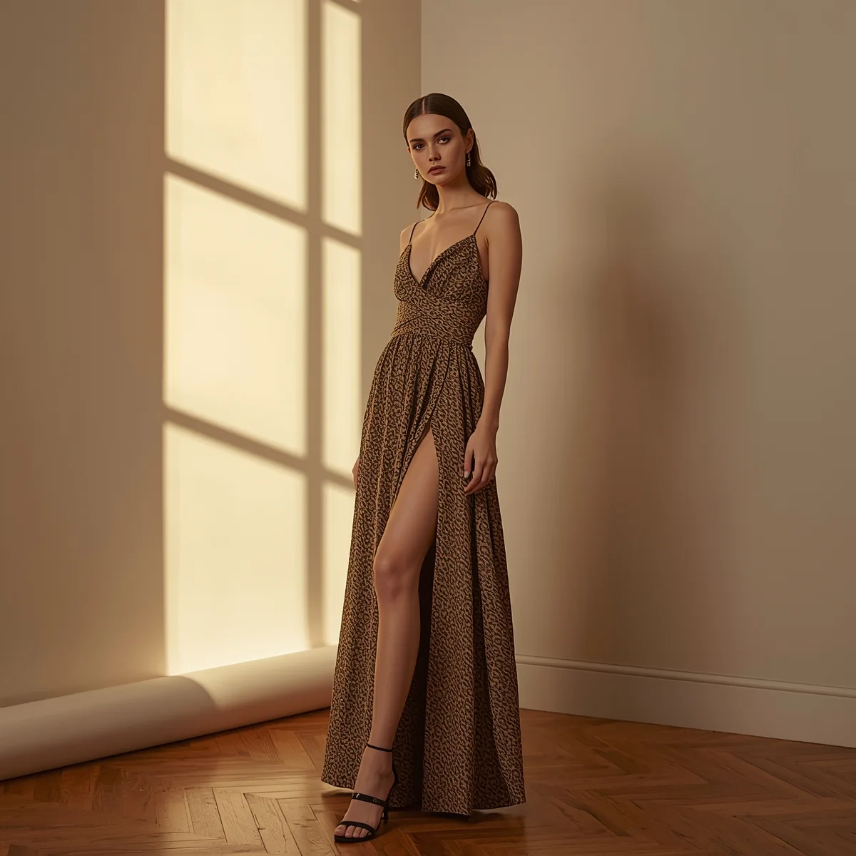 Champagne slip maxi beside a tall window