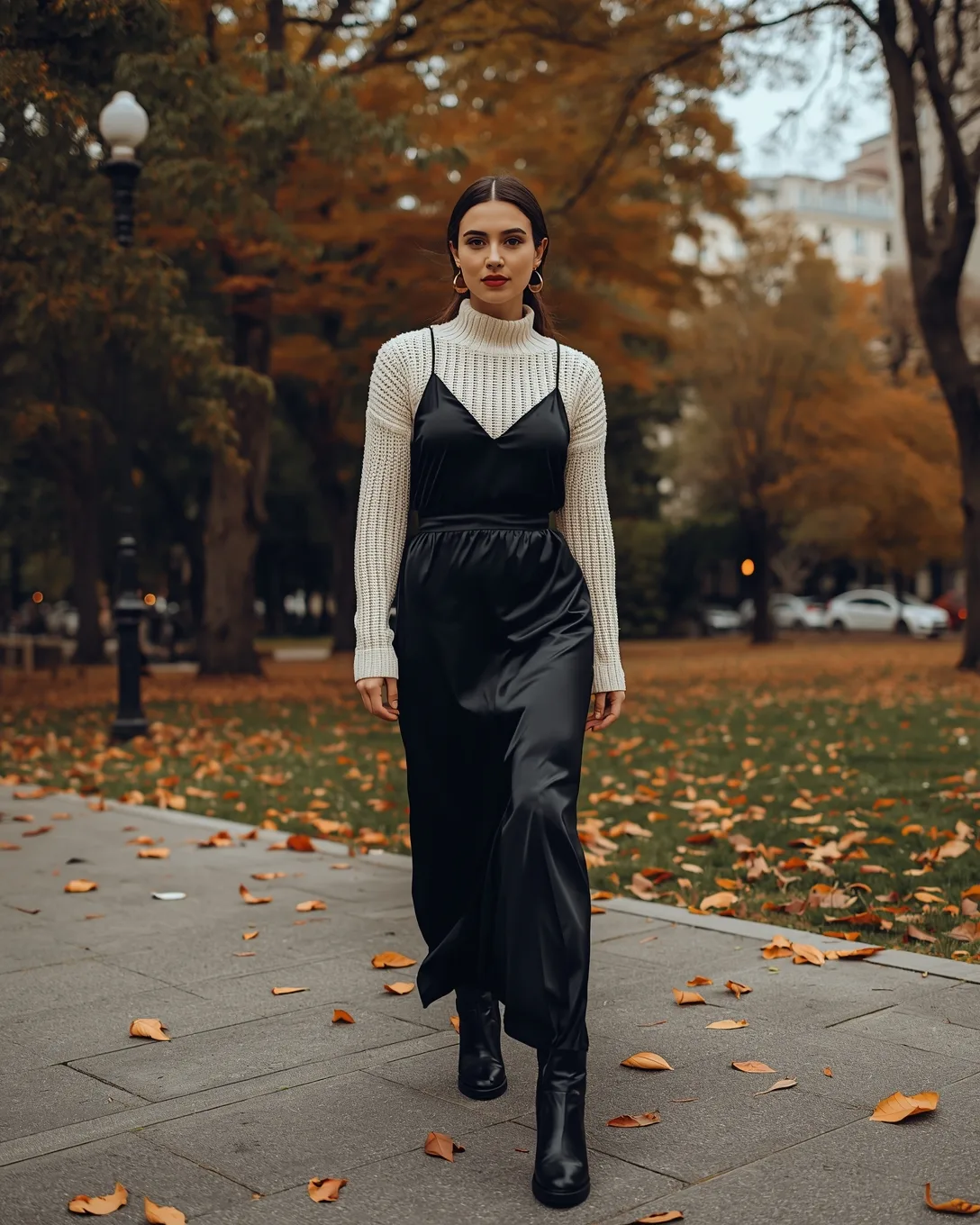 Woman wearing a slip maxi layered under a chunky cream sweater in an autumn park