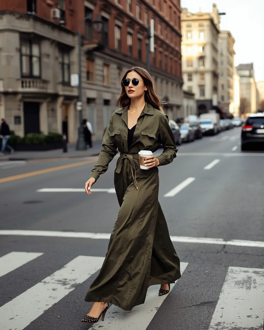 Woman in a crisp olive shirt-dress maxi crossing a city street with coffee