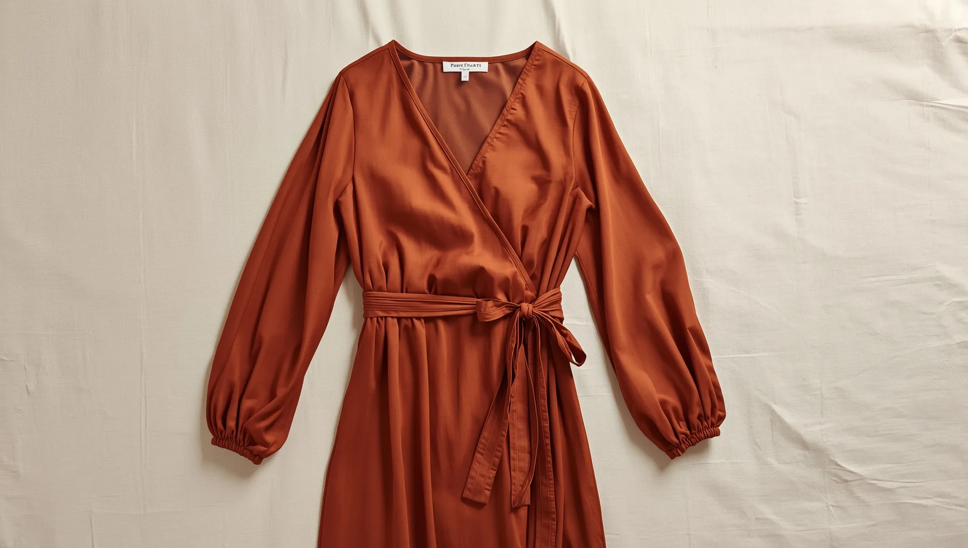 Terracotta wrap maxi dress laid flat showing wrap bodice and tie
