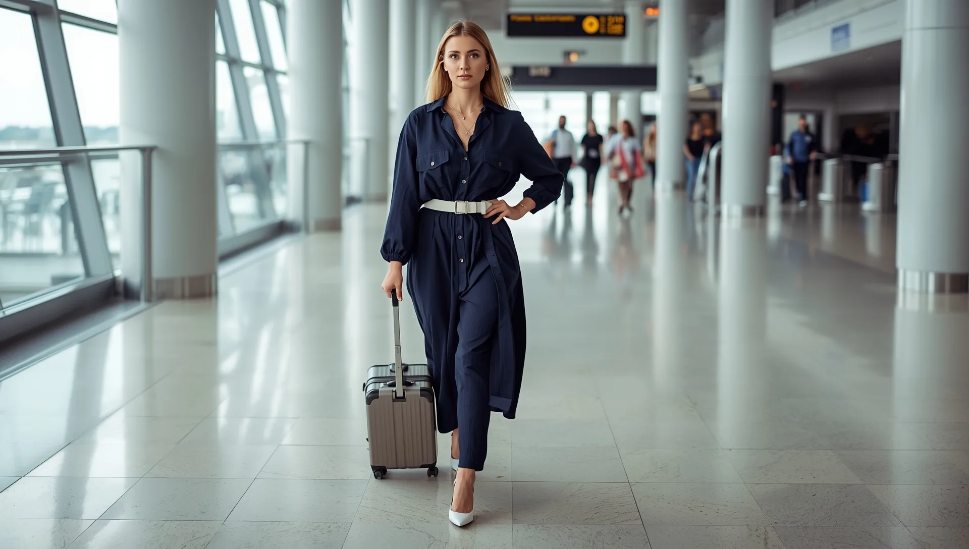 Woman in belted shirt-dress maxi walking through an airport terminal