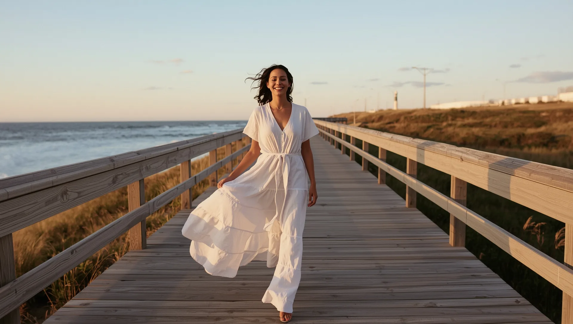 Woman in white tiered maxi on a coastal boardwalk at golden hour