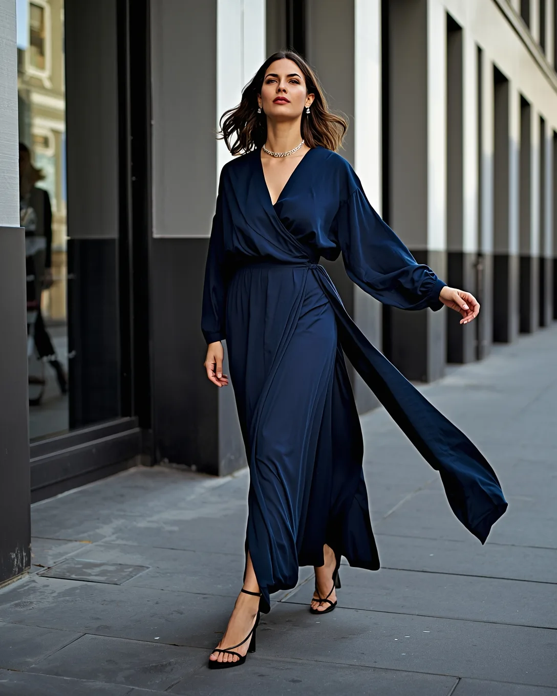 Woman walking in a maxi dress on a city sidewalk, fabric moving with her stride