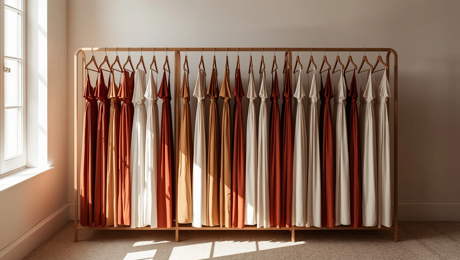 Bright atelier with racks of flowing maxi dresses in neutral and terracotta tones