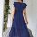 Wrap V Neck Short Sleeve Belted Ruffle Hem A-Line Flowy Maxi Blue Back