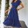 Wrap V Neck Short Sleeve Belted Ruffle Hem A-Line Flowy Maxi Blue Front