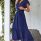 Wrap V Neck Short Sleeve Belted Ruffle Hem A-Line Flowy Maxi Blue Side